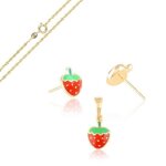 Parure bijoux - enfant - fraise - �mail - rouge - plaqu� or jaune 750 / 1000 - 3 microns - bijou de cr�ateur ...