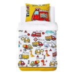 Parure lit garon dinosaures engins chantier - housse couette 135x200cm + taie