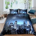 Parure de lit - mouton maison deco - 3d ville ciel toil new york - bleu blanc noir violet - microfibre ...