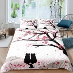 Parure de lit - mouton maison deco - couple de chats et sakura romantiques - rose noir gris blanc - microfibre ...