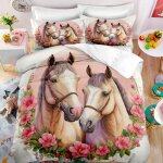 Parure de lit - mouton maison deco - couple de chevaux et fleurs roses - marron rose vert blanc - microfibre ...