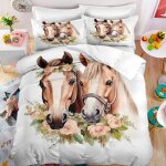 Parure de lit - mouton maison deco - couple de chevaux et roses roses - marron rose vert blanc noir - ...