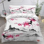 Parure de lit - mouton maison deco - fleurs de cerisier japonais - blanc noir rose rouge gris - microfibre ...
