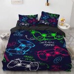 Parure de lit - mouton maison deco - gamer - noir bleu rouge blanc vert - microfibre - 220x240 cm