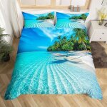 Parure de lit - mouton maison deco - mer bleu plage palmiers nature - bleu vert blanc gris jaune - microfibre ...