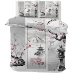 Parure de lit - mouton maison deco - mont fuji fleurs de cerisier japonais - gris blanc noir rose rouge ...