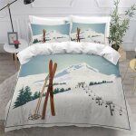 Parure de lit - mouton maison deco - montagne enneige paysage ski - blanc vert bleu marron noir - microfibre ...