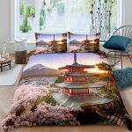 Parure de lit - mouton maison deco - paysage japonais mont fuji sakura pavillon - bleu rose vert rouge ...