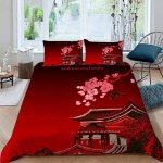 Parure de lit - mouton maison deco - rouge japonais - rouge rose blanc noir - microfibre - 240x260 cm ...