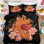 Parure de lit - mouton maison deco - style japonais renard cerisiers - orange rose rouge noir or - microfibre ...