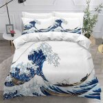 Parure de lit - mouton maison deco - vagues de kanagawa - blanc bleu marron - microfibre - 220x240 cm ...
