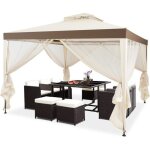 Pavillon tonnelle de jardin de 3x3m autoportante avec ornements 4 rideaux de moustiquaire polyester beige ...