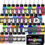 Peinture a�rographe 34 couleurs + 2 diluants - kit de pinceaux acryliques opaques et n�ons - couleurs ...