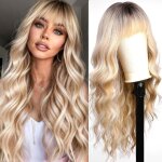 Perruque - blond ombr - frange - longue boucle - racine fonce