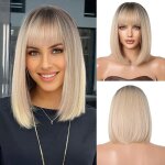 Perruque bob blonde ombre avec franges perruque courte et droite pour femmes perruques en cheveux synthtiques ...