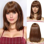 Perruque bob brun cuivr avec franges perruque courte et droite pour femmes perruques en cheveux synthtiques ...