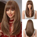 Perruque brune pour femmes perruque longue avec frange perruques droites cheveux synthtiques perruques ...