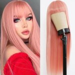 Perruques longues et lisses en cheveux remy noirs naturels r�sistantes � la chaleur avec frange pour ...