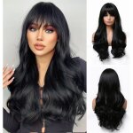 Perruques longues perruque noir ondul pour femmes cheveux synthtiques brunette avec frange pour la ...