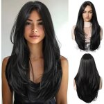 Perruques noir pour femmes longue perruque avec frange naturelle droite perruques cheveux synth�tiques ...