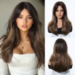 Perruque ombre brune longue et droite pour femmes avec franges rideaux perruque en cheveux synth�tiques ...