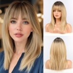 Perruque synth�tique pour femme - swrose - haircube blonde ombr� avec frange synth�tique longueur �paule ...