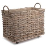 Petit panier  bches doubl de toile de jute en rotin  roues