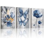 Pi�ces papillon bleu fleurs tableau decoration murale toile peinture florale abstraite decoration murale ...