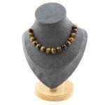 Pierres et minraux. collier 15 perles oeil de tigre 10 mm. chaine en acier inoxydable collier femmes ...