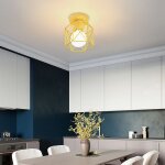 Plafonnier industriel en m�tal bois tokius lampe plafond vintage cage design luminaire e27 dor� pour ...