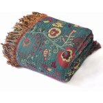 Plaid coton 200x230 cm vert floral avec franges jet� canap� / fauteuil / lit grande taille label