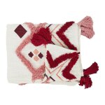 Plaid jet ethnique tuft 130x150cm intrieur / extrieur coton blanc et rose avec pompons - zainab