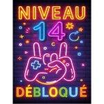 Plaque m�tal anniversaire enfant gar�on fille 14 ans ? ?niveau 14 d�bloqu�? ? d�co gamer effet n�on r�tro ...