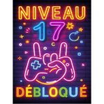 Plaque m�tal anniversaire enfant gar�on fille 17 ans ? ?niveau 17 d�bloqu�? ? d�co gamer effet n�on r�tro ...