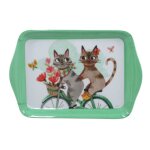 Plateau en mlamin - motif couples de chats sur tandem - 14 x 21 cm