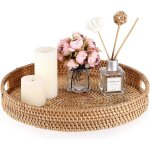 Plateau de service rond en rotin tress� avec poign�e pour caf� boissons petit - d�jeuner th� bougies