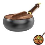 Pole en fer sans revtement 28cm couvercle en bois wok antiadhsif naturel fait main chauffage rapide ...