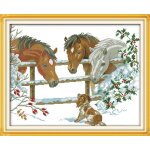 Point de croix kit complet pr� imprim� curieux de trois chevaux 14ct estamp� broderie 51x42 cm estampill� ...