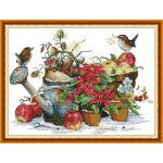 Point de croix kit complet pr imprim pot de fleurs et oiseaux 14ct estamp broderie 48x36 cm estampill ...