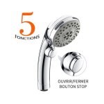 Pommeau de douche chrom� avec bouton stop douchette � main 5 jets au choix pomme de douche picots anticalaire ...