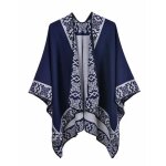 Poncho femme simili laine bord fleur imprime hiver chaud 130 x 150 cm bleu