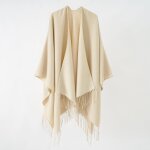 Poncho femme simili laine chaud hiver casual bord frange couleur unie 126 x 155 cm - beige