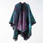 Poncho femme simili laine chaud hiver casual vintage imprim 135 x 150 cm - bleu