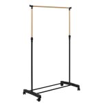 Portant hauteur ajustable sur roulettes noir et effet bois Portant hauteur ajustable sur roulettes noir et effet bois