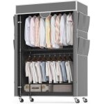 Portant � v�tements - homdox - 90x45x205cm 3 niveaux avec housse gris hauteur r�glable 2 barres de suspension ...