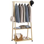 Portant  vtement portemanteau homcom en bambou sur roulettes avec 2 tagres et 2 crochets pour entre ...