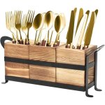 Porte - couverts bois 3 compartiments ? pot ustensiles fer + support cuisine label