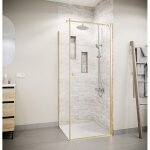 Porte de douche pivotante 90x195cm et retour 80cm - verre 8mm anticalcaire - profil or brosse