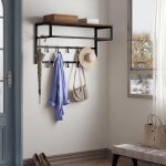 Porte - manteau avec tagre - support mural avec 10 crochets - 80x30x41cm - noir + brun vintage