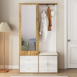 Porte - manteau - style industriel - miroir - 2 crochets - banc � chaussures - 2 tiroirs